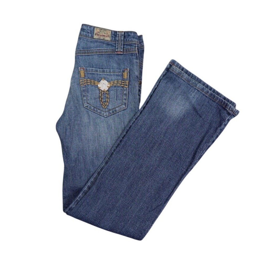 VTG Paris Blues Jeans Womens 3 Blue Denim Embroidered Pocket Y2K Flare Bootcut